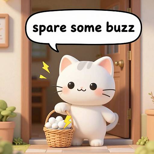 Digital drawing of a cute, white, chibi-style cat holding a basket of eggs, standing at a door with a speech bubble saying 