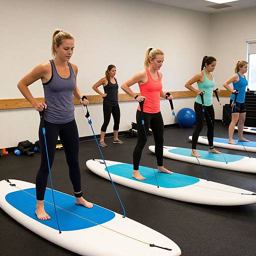 Photograph of five women in a gym, standing on blue and white paddleboards, using paddles, wearing athletic tops and black leggings.