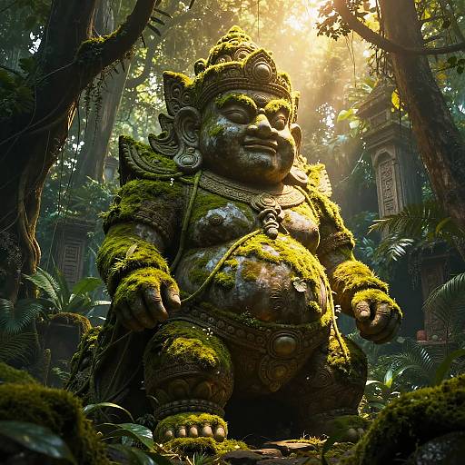Photorealistic CGI of a moss-covered, ancient, smiling stone deity statue in a dense, sunlit forest, surrounded by lush greenery.