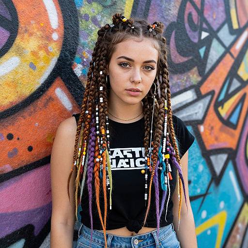 Photograph of a young woman with long, colorful braids, wearing a black crop top and high-waisted jeans, standing against vibrant graffiti wall