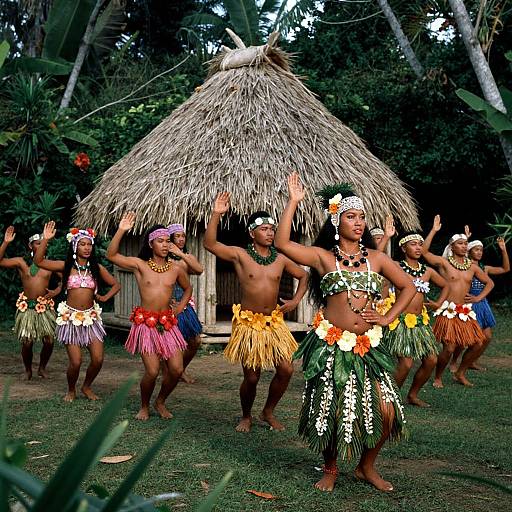 Photograph of nine Polynesian dancers, topless with floral and grass skirts, carrying a thatched hut, in a lush tropical forest.