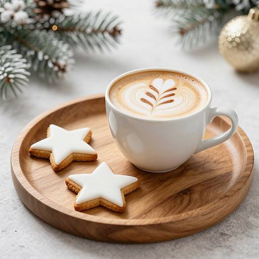 Photograph of a white ceramic cup with a latte art leaf, on a wooden plate, with two star-shaped cookies, surrounded by pine branches and