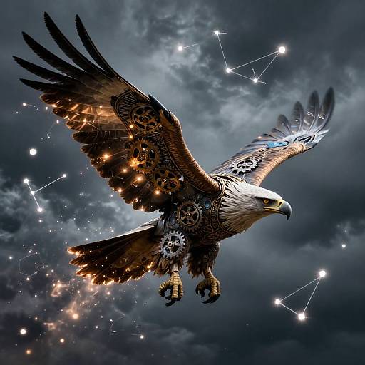 Digital artwork of a detailed, mechanical eagle with glowing gears and stars, soaring through a dark, cloudy night sky with constellation lines.