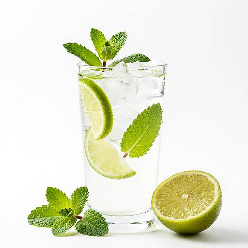 Photograph of a clear glass with water, lemon slice, and mint leaves, accompanied by a halved lemon and additional mint leaves on a white background