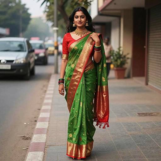 Woman in Green and Red Indian Saree on Sidewalk