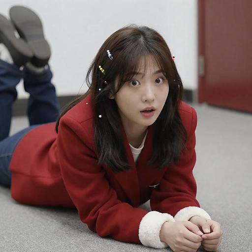 Surprised Young Woman Lying on Floor