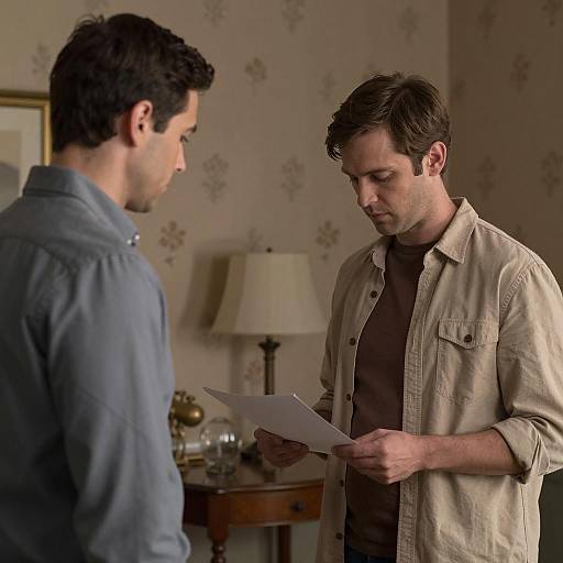 Two Men Discussing Document Indoors