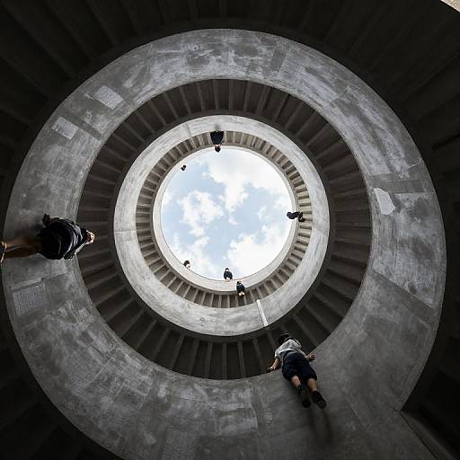 Photograph of people looking up at a circular stone well with a bright blue sky hole, surrounded by concentric gray stone rings. People are at various