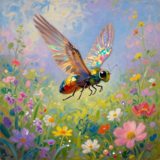 Regal Winged Creature in Kaleidoscopic Meadow