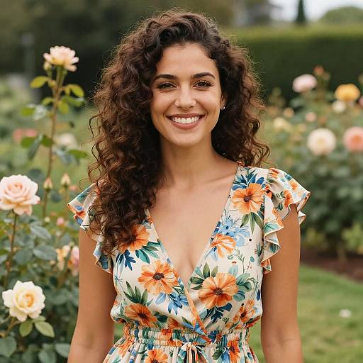 Photograph of a smiling woman with curly brown hair, wearing a floral dress with orange and blue flowers, standing in a garden with blooming roses.