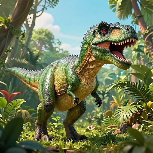 CGI image of a vibrant green, detailed Velociraptor with sharp teeth, standing on lush jungle floor amidst tall trees and dense foliage under a
