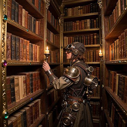 Steampunk warrior with metallic armor and goggles searches through ornate, candlelit bookshelves filled with vintage books. Photograph.