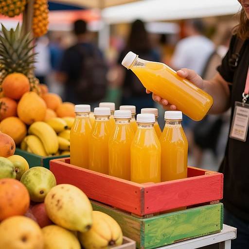 Photograph of a market stall: Hand pours orange juice into glass bottles in a red wooden crate, surrounded by mangoes, pineapples, and