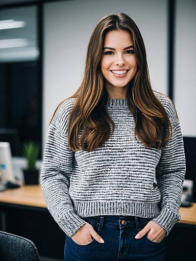 Smiling Woman in Grey Sweater and Jeans in Office