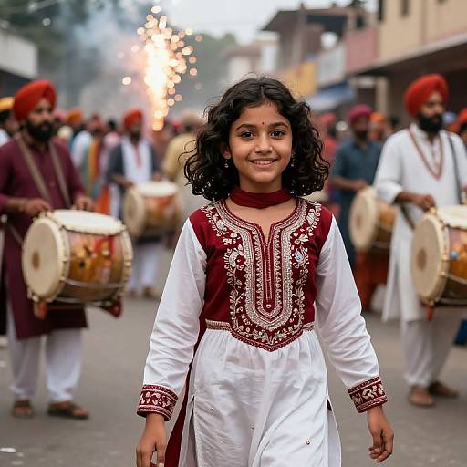 Photograph of a smiling young girl with curly black hair, wearing a white and red embroidered traditional outfit, standing in a street parade with musicians in the