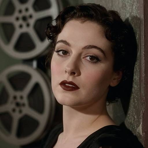Photograph of a pale-skinned woman with dark curly hair, bold black eyeliner, and deep red lipstick, leaning against a wall with film reels