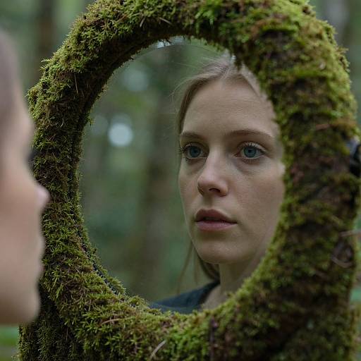 Photograph of a young woman with fair skin and blue eyes, reflected in a moss-covered circular frame in a forest.