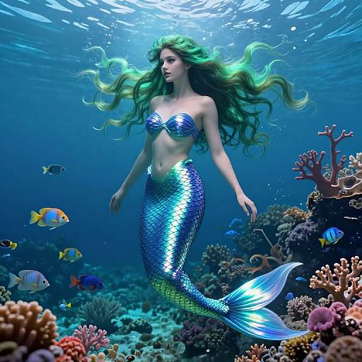 Digital art of a green-haired, blue-scaled mermaid with a shimmering tail, floating above vibrant coral reefs and colorful fish in a deep blue