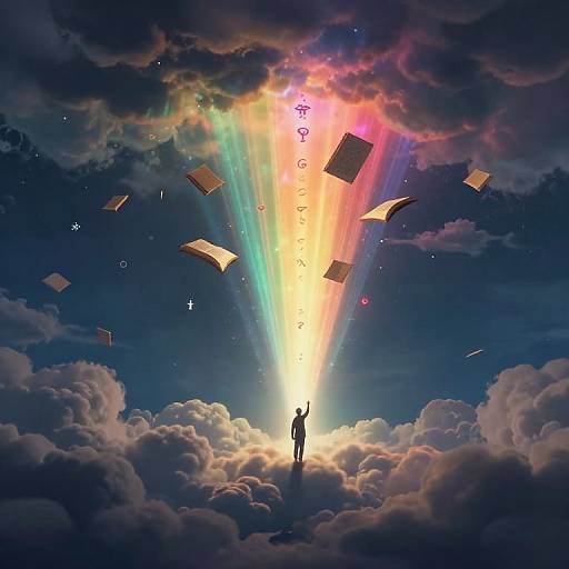 Digital artwork of a silhouetted person on a cloud, reaching for radiant, colorful beams, with floating books and symbols in a dark, cloudy