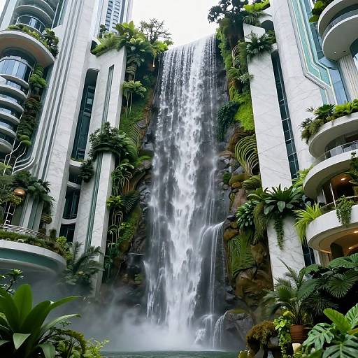Futuristic Solarpunk Waterfall Cityscape