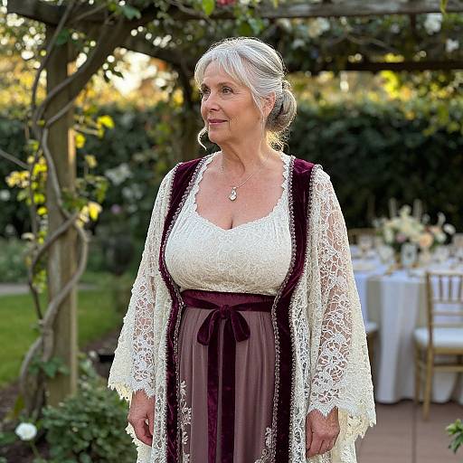 Photograph of an older white woman with gray hair, wearing a white lace top and dark purple dress, standing in a garden with a wooden arch and