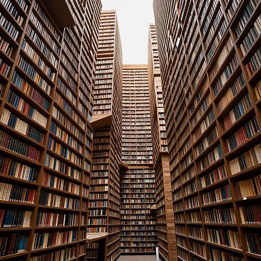 Photograph of a towering, narrow library with rows of wooden bookshelves filled with colorful books, converging to a bright skylit ceiling.