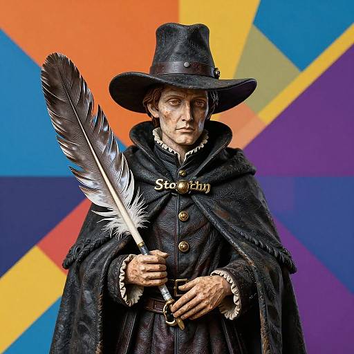 Photograph of a realistic, aged man in a black cowboy hat and cloak, holding a silver feather quill, against a vibrant, geometric rainbow background