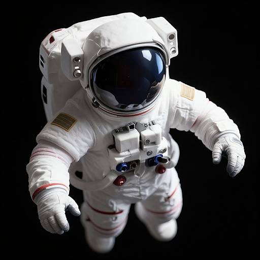 CGI image of a white space astronaut with a reflective helmet, American flag patch, and control buttons, floating against a black background.