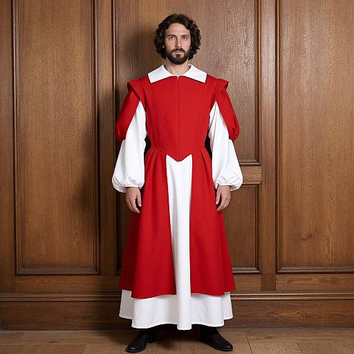 Photograph of a bearded man with curly black hair, wearing a red and white Renaissance-style tunic, standing against a wooden paneled wall.