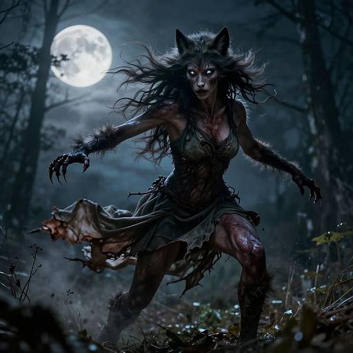 Digital art of a fierce, werewolf-like woman with glowing eyes, torn dress, and bloody wounds, standing in a dark, moonlit forest.