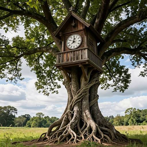 Photograph of a rustic wooden clock house perched high in the branches of a large, twisted tree with extensive roots, set against a bright blue sky