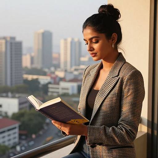 Photograph of a young woman with dark skin and black hair in a bun, wearing a checkered blazer, reading a book on a sunlit
