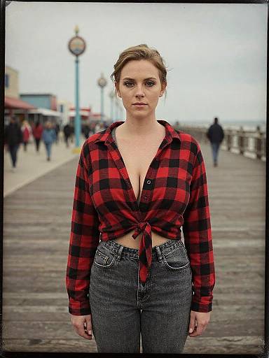 Woman in Casual Flannel at Coney Island