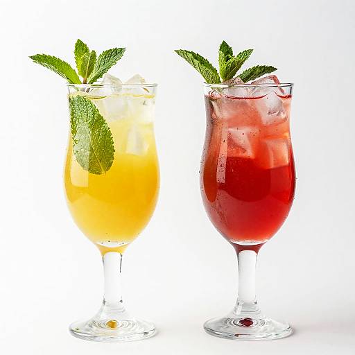 Photograph of two colorful cocktails: a yellow-orange drink with a mint garnish on the left, and a red drink with a mint garnish on