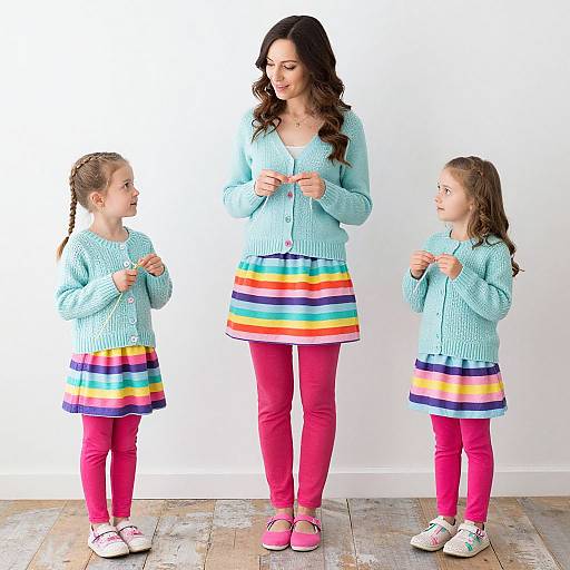 Photograph of a brunette woman and two young girls in matching light blue cardigans and rainbow striped skirts, standing against a white wall. All wear pink
