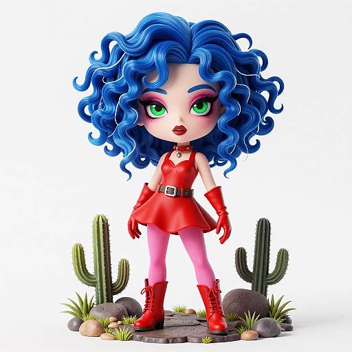 Chibi-style digital drawing of a blue-haired girl with green eyes, wearing a red dress, gloves, and boots, standing in front of cact