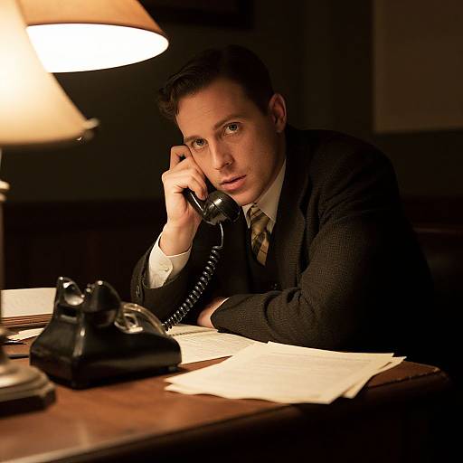 Photograph of a serious, young white man in a dark suit, holding a vintage black phone, illuminated by a warm desk lamp, with papers on