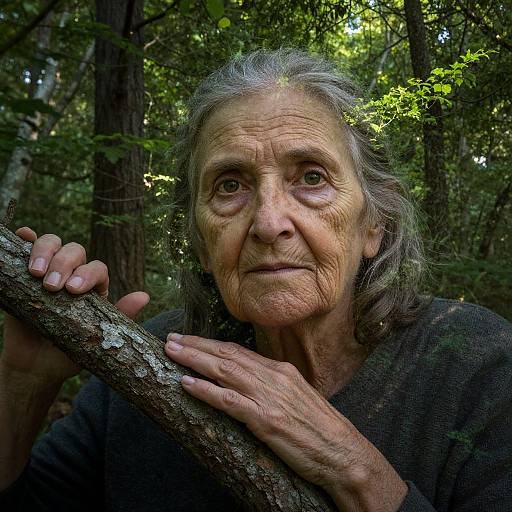 Photograph of an elderly woman with wrinkled skin, gray hair, and deep eyes, holding a tree branch in a dense, green forest.