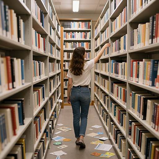 Photograph of a woman with long brown hair, wearing a white shirt and blue jeans, reaching for a book on a library aisle with colorful scattered cards