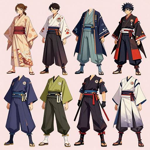 Digital anime-style illustration of eight male characters in various traditional Japanese kimonos and hakama, each with distinct colors and designs.