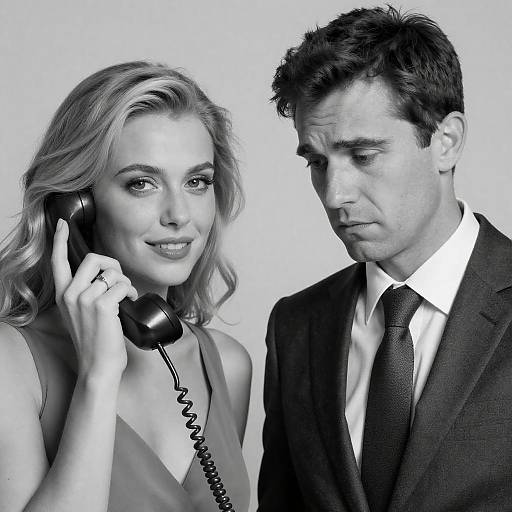 Black-and-White Portrait of Man and Woman with Telephone