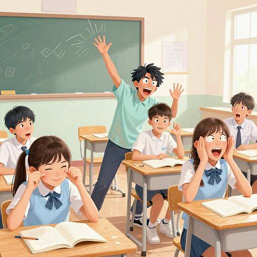 Playful Chaotic School Classroom Scene