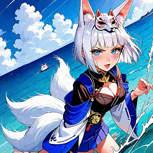 Fox-Eared Anime Warrior by the Sea