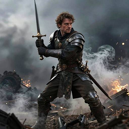 Photorealistic CGI of a muscular, curly-haired, armored man with a sword, standing amidst a smoky battlefield with fiery explosions.