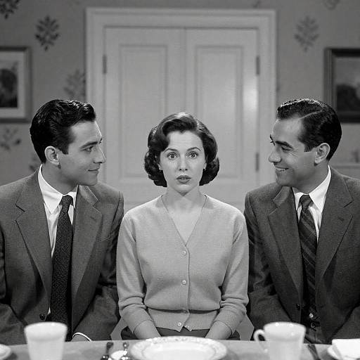 Black-and-White Portrait of Three People at Table