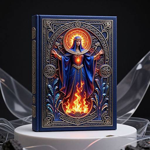 Photograph of an ornate, dark blue book with a vivid, fiery, haloed figure of a robed saint, surrounded by intricate golden patterns