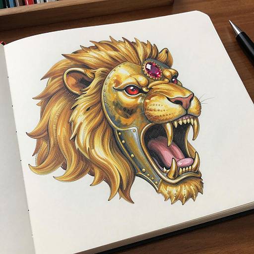 Intricate Golden Lion Helmet Illustration