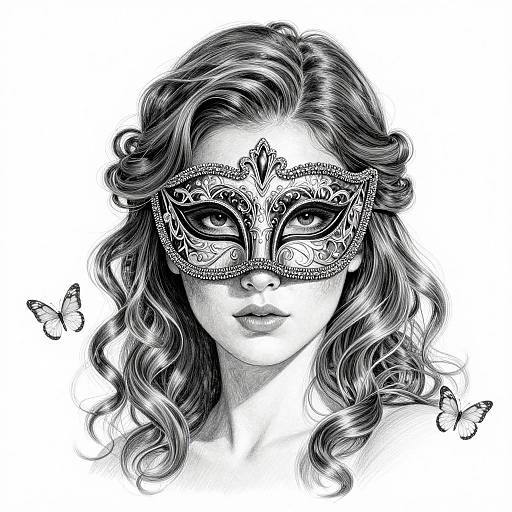 Monochrome digital drawing of a woman with wavy hair, ornate masquerade mask, and two butterflies, emphasizing delicate details and textures.