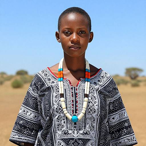 Photograph of a young African girl with dark skin, short hair, wearing a black and white patterned shirt and beaded necklace, standing in a