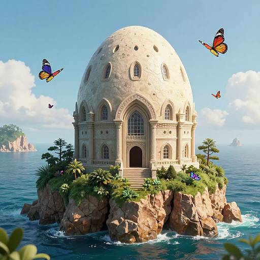 Digital art of a stone, dome-shaped building with arched windows on a rocky island, surrounded by vibrant butterflies and ocean, under a clear blue sky